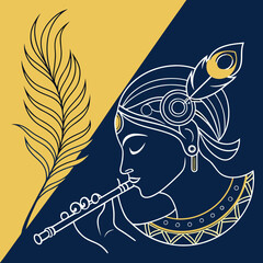 Illustration of a Krishna playing flute with feather and geometric design
