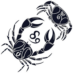 Zodiac Symbol Cancer: A striking artistic representation of the Cancer zodiac sign, featuring two stylized crabs and the iconic astrological symbol. A minimalist design.