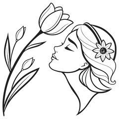 Girl and Floral Delight: An artistic illustration of a girl enjoying the presence of a beautiful tulip.