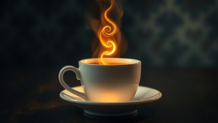 Vintage coffee cup with an infinite glowing spiral, symbolizing longevity and ritual.