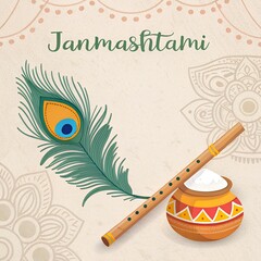 Janmashtami illustration with flute, peacock feather, and butter pot design