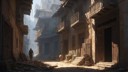 Faint light glowing through broken shutters. 