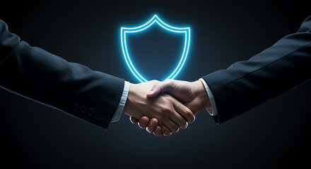 Businessmen shaking hands with glowing shield symbol handshake agreement