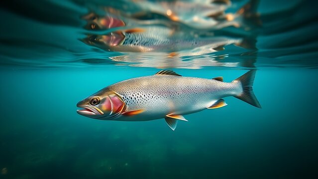 Underwater view of trout swimming in clear stream, showcasing tranquil aquatic scenery.