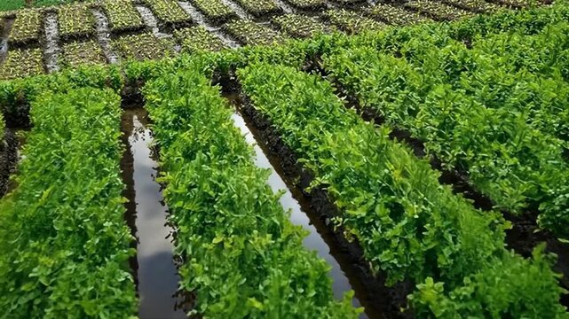 Lush Green Rows of Cultivated Celery in a Farmland