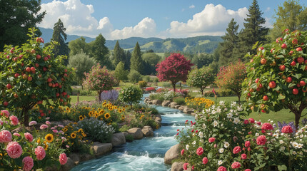 Idyllic Garden Scene with Colorful Flowers, Fruit Trees, and Flowing Stream