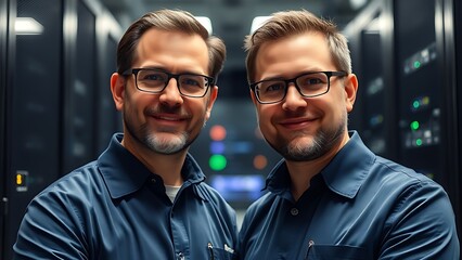 Two technicians working in a data center with server racks softly blurred behind them.