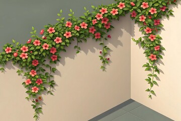 Vibrant red flowers and green leaves cascading down a corner wall