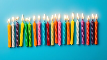 Colorful birthday candles arranged in a straight line against a solid blue background.