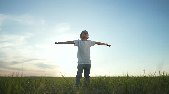 Silhouette child praying outdoors open field. Child heartfelt prayer with arms outstretched. Peaceful child embracing spirituality nature. Back view child praying. spiritual moment captured outdoors