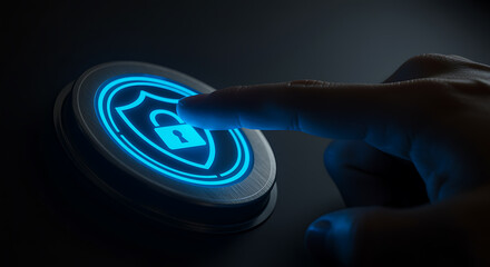 Finger pressing glowing blue security shield and padlock button technology protection