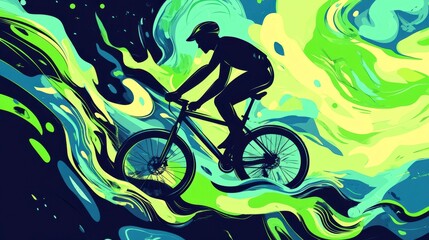 Silhouette of cyclist biking on abstract colorful background.