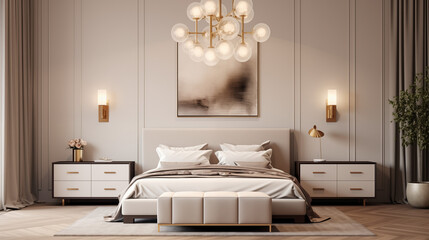 Chic Bedroom with Globe Chandelier and Neutral Color Palette