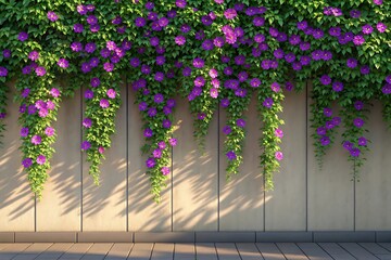 Cascading purple flowers adorn a sunlit wooden wall
