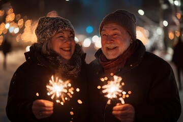 Happy senior couple celebrating the New Year with sparklers, enjoying a winter evening outdoors while marking a fresh start to the new year, Generative AI