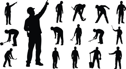 Silhouettes of construction workers, manual labor, industry tools, hammering, pointing, teamwork, black isolated figures, building site, safety gear, effort