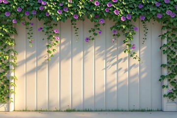 Sunlit wooden fence covered in blooming purple morning glory vines