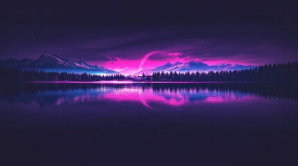 Fototapeta premium Night landscape reflection, pink moon, mountains, forest, lake. Possible use Digital art print, background for website, social media cover