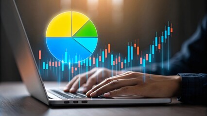Laptop with financial data and pie chart computer