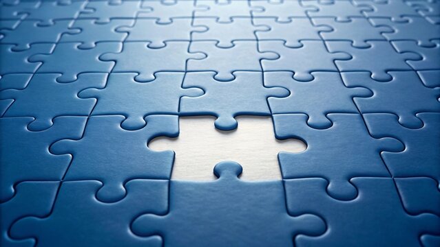 Blue jigsaw puzzle with missing piece completion solution