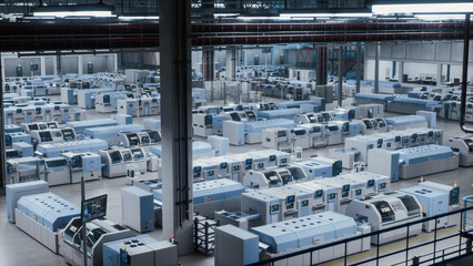 High-Tech Manufacturing And Electronics Production Factory, Featuring Advanced Robotics And Automation Technology In A Spacious Industrial Environment, Digitalization And Automation. Wide Shot