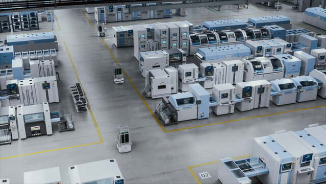 Futuristic Autonomous High-Tech Factory With Advanced Robots and Automated Guided Vehicles Seamlessly Operating. Bird's-Eye View Captures the Precision and Efficiency of Modern Manufacturing.
