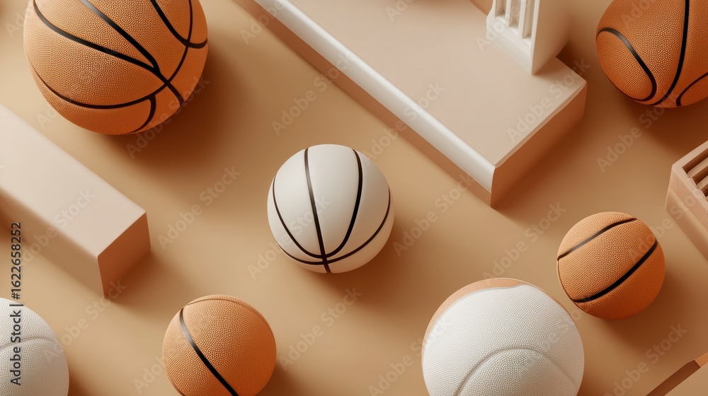 Poster overhead view of multiple basketballs and geometric shapes on a beige background.