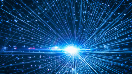 Naklejka premium Dynamic Visualization of a Neural Network Concept with Light Beams and Floating Data Cubes, Illustrating Advanced Programming and Connectivity in a High-Tech Digital Space with Zooming Out