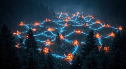A magical village at night, illuminated by glowing blue orange lights connecting homes