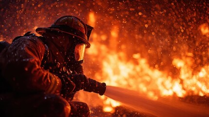 Brave firefighter aiming water hose at roaring fire, flames reaching high into the sky