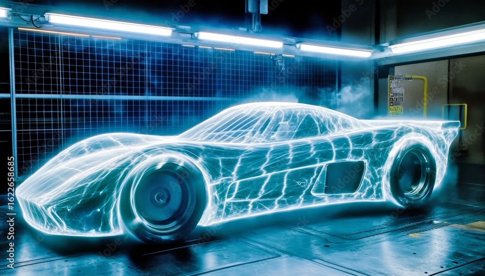Aufkleber car aerodynamics visualization in wind tunnel tests with airflow and luminous lightning design