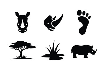 Fototapeta premium Rhino head footprint acacia tree grass waterhole and rhino rhinoceros animal