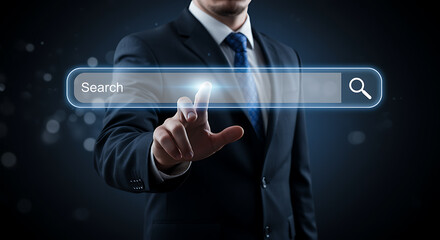 Businessman touching glowing search bar interface suit finger