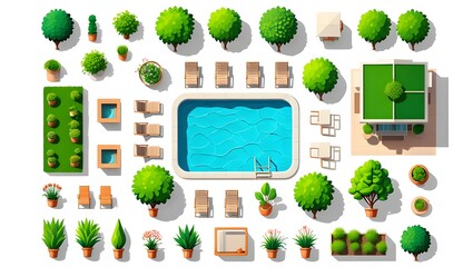 Top down view of a miniature architectural model with trees swimming pool and buildings