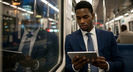 Young man in suit viewing data charts on tablet with dramatic reflections and blurred night city background generative ai