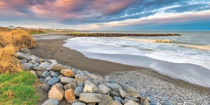 Stunning Coastal Sunset Beach Scene with Rocky Shoreline
