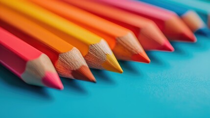 Vibrant colored pencils arranged in a row on a bright blue background, showcasing a spectrum of colors, ideal for artistic projects and creative endeavors