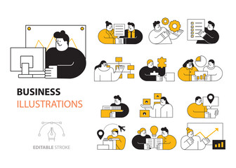 Business theme Illustration Set in Flat Outline Style