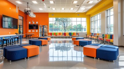 Modern interior of a vibrant community space featuring colorful furniture, large windows, and an open layout designed for social interaction and collaboration among visitors