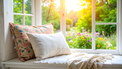 Sunlit window seat with pillows and a view of a blooming garden offers relaxation