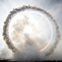 A circular rainbow halo formed by clouds in the sky. The scene captures a natural phenomenon with a vibrant spectrum of colors.
