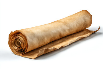 Aged parchment scroll rolled up on white background ancient history mystery