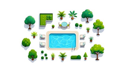 Collection of miniature trees and plants surrounding a bright blue swimming pool on a white background