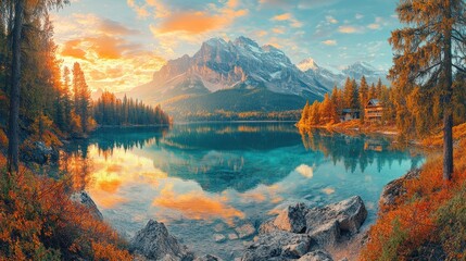 Autumnal mountain lake sunrise panorama
