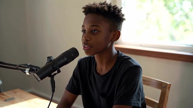 Boy speaking to microphone fodder Teen podcast interview