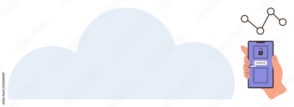 Poster hand holds smartphone unlocking cloud storage with a network icon above. ideal for data access, clou