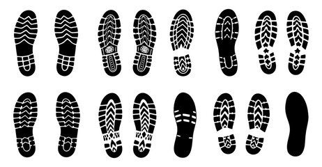 This graphic illustration shows a series of black shoe and boot tread imprints of different styles arranged in rows against a white background, creating a pattern of footprints