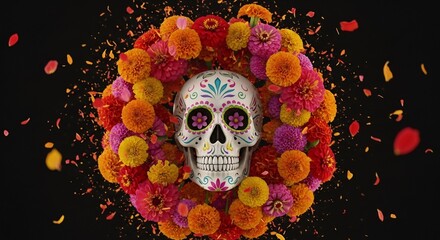 Day of the Dead floral skull. Dia de los Muertos design element for posters, cards, banners. Celebratory concept for Mexican holiday greetings and decorations.
