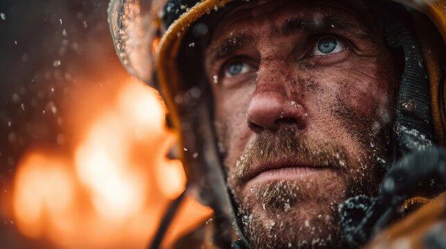 Firefighter's calm expression, blurred explosion behind, low dramatic shot 