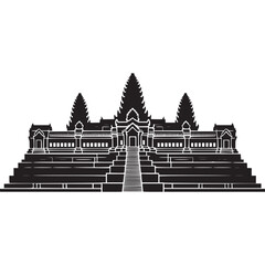Black and white silhouette of angkor wat temple on transparent background